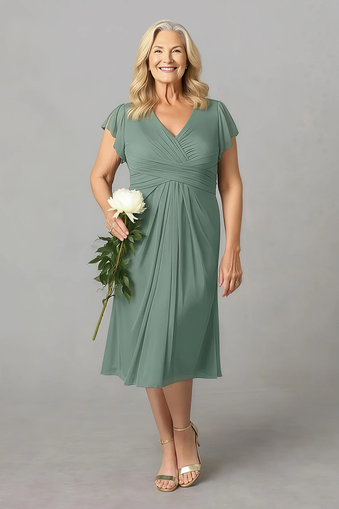 Akaks Adeline Eucalyptus Dress Mother Of The Bride A-Line V-Neck Tea Length Ruffles Cap Sleeves Pleated Chiffon Dress Image475671