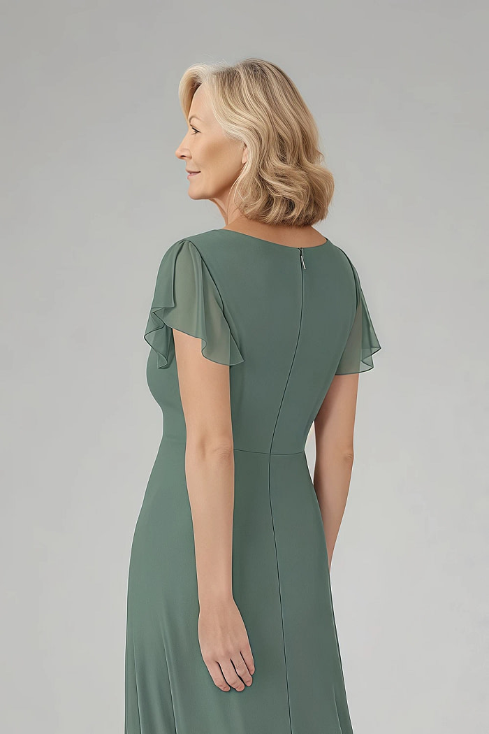 Akaks Adeline Eucalyptus Dress Mother Of The Bride A-Line V-Neck Tea Length Ruffles Cap Sleeves Pleated Chiffon Dress Image738545