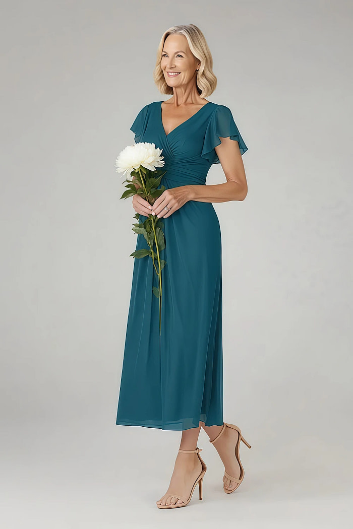 Akaks Adeline Ink Blue Slimming Plus Size Mother Of The Bride Dresses A-Line V-Neck Tea Length Ruffles Cap Sleeves Pleated Chiffon Dress Image167887