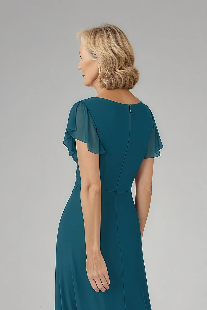 Akaks Adeline Ink Blue Slimming Plus Size Mother Of The Bride Dresses A-Line V-Neck Tea Length Ruffles Cap Sleeves Pleated Chiffon Dress Image361757