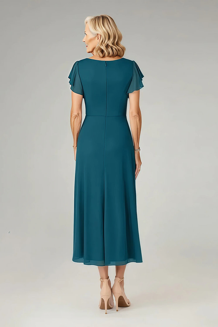 Akaks Adeline Ink Blue Slimming Plus Size Mother Of The Bride Dresses A-Line V-Neck Tea Length Ruffles Cap Sleeves Pleated Chiffon Dress Image596743