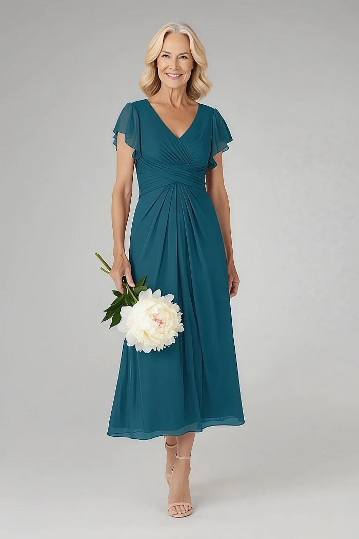 Akaks Adeline Ink Blue Slimming Plus Size Mother Of The Bride Dresses A-Line V-Neck Tea Length Ruffles Cap Sleeves Pleated Chiffon Dress Image935814