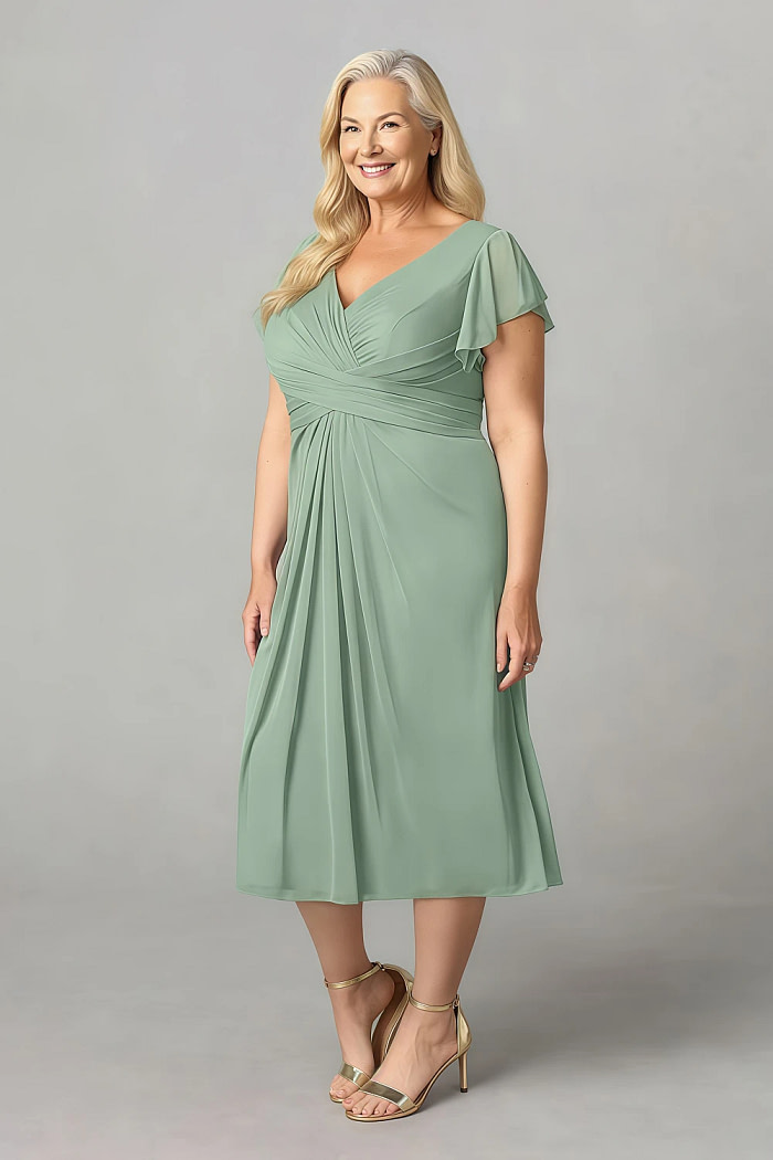 Akaks Adeline Matcha Mother Of The Bride Plus Size Dresses A-Line V-Neck Tea Length Ruffles Cap Sleeves Pleated Chiffon Dress Image137513
