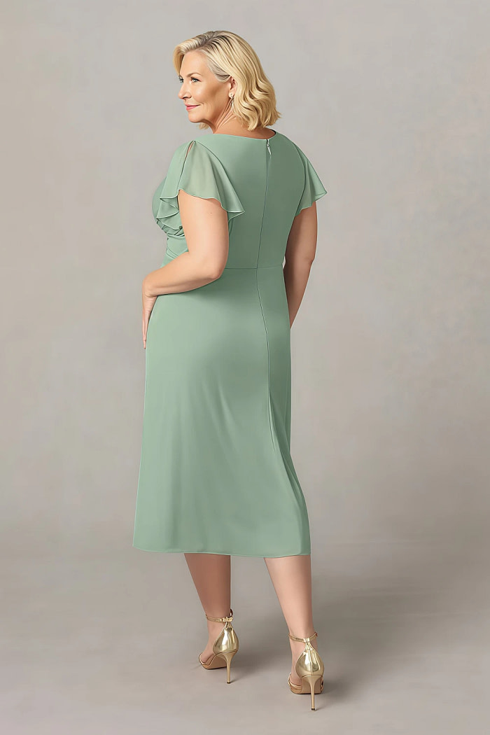 Akaks Adeline Matcha Mother Of The Bride Plus Size Dresses A-Line V-Neck Tea Length Ruffles Cap Sleeves Pleated Chiffon Dress Image947433