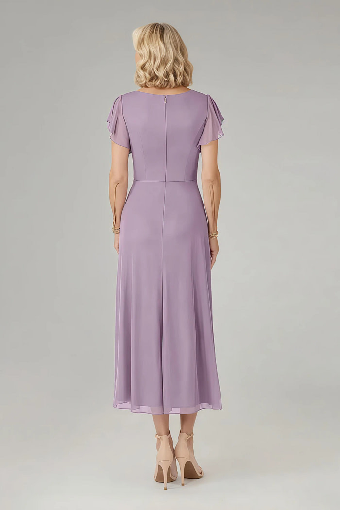 Akaks Adeline Mother Of The Bride Dress Wisteria A-Line V-Neck Tea Length Ruffles Cap Sleeves Pleated Chiffon Dress Image122027