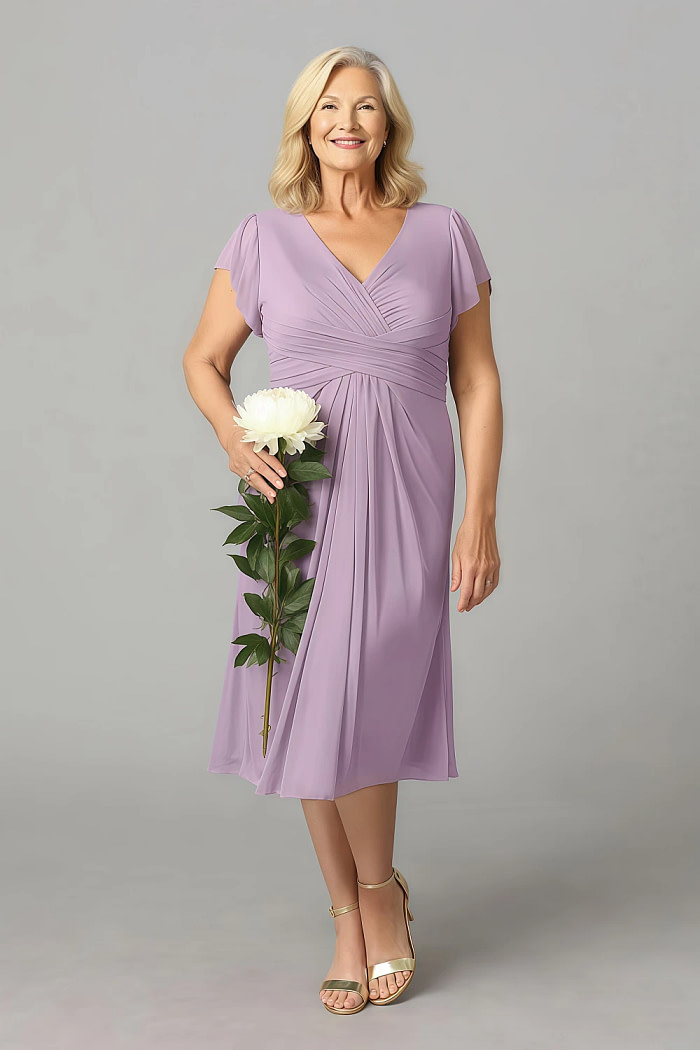 Akaks Adeline Mother Of The Bride Dress Wisteria A-Line V-Neck Tea Length Ruffles Cap Sleeves Pleated Chiffon Dress Image477092
