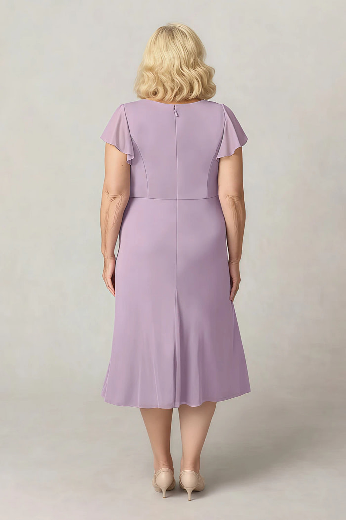 Akaks Adeline Mother Of The Bride Dress Wisteria A-Line V-Neck Tea Length Ruffles Cap Sleeves Pleated Chiffon Dress Image488848