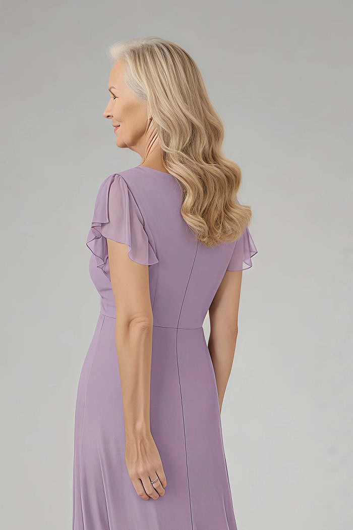 Akaks Adeline Mother Of The Bride Dress Wisteria A-Line V-Neck Tea Length Ruffles Cap Sleeves Pleated Chiffon Dress Image841138