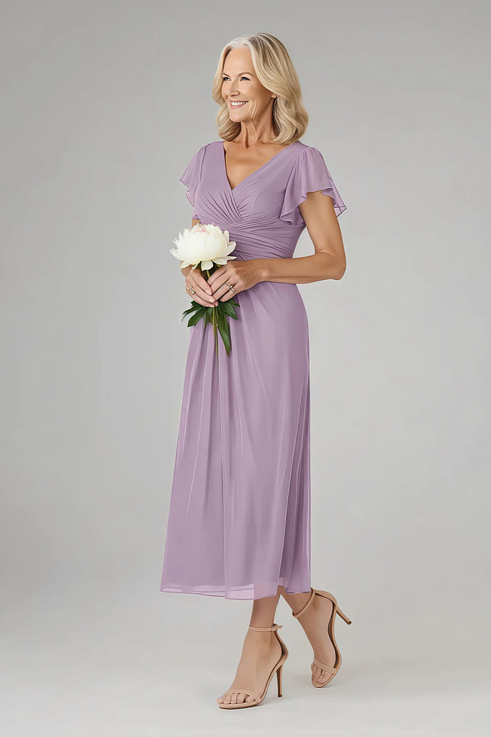 Akaks Adeline Mother Of The Bride Dress Wisteria A-Line V-Neck Tea Length Ruffles Cap Sleeves Pleated Chiffon Dress Image982854