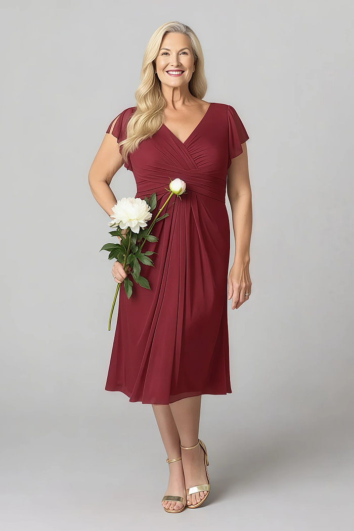 Akaks Adeline Mother Of The Bride Dresses Burgundy A-Line V-Neck Tea Length Ruffles Cap Sleeves Pleated Chiffon Dress Image110963
