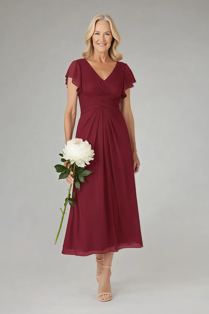 Akaks Adeline Mother Of The Bride Dresses Burgundy A-Line V-Neck Tea Length Ruffles Cap Sleeves Pleated Chiffon Dress Image128568