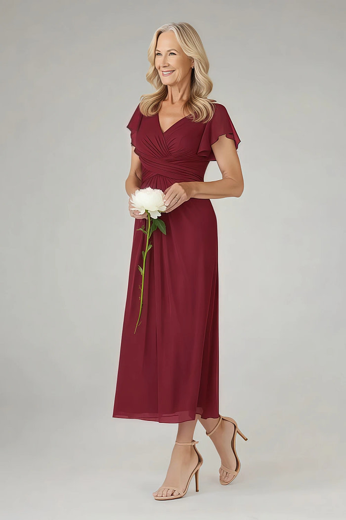 Akaks Adeline Mother Of The Bride Dresses Burgundy A-Line V-Neck Tea Length Ruffles Cap Sleeves Pleated Chiffon Dress Image183663