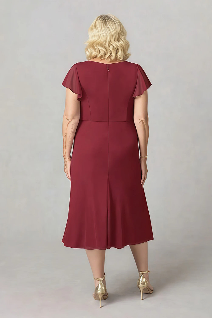 Akaks Adeline Mother Of The Bride Dresses Burgundy A-Line V-Neck Tea Length Ruffles Cap Sleeves Pleated Chiffon Dress Image193746