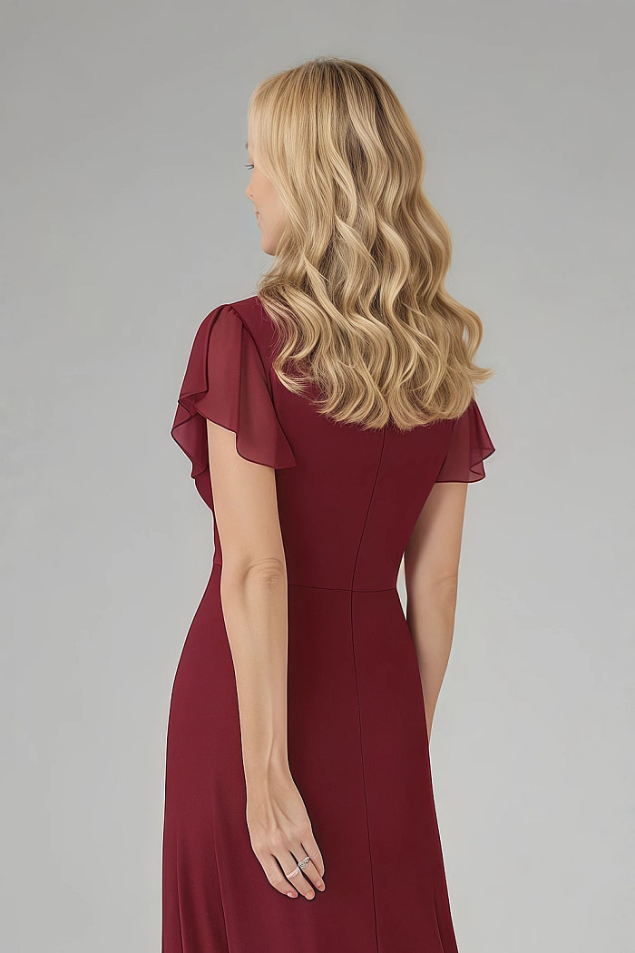 Akaks Adeline Mother Of The Bride Dresses Burgundy A-Line V-Neck Tea Length Ruffles Cap Sleeves Pleated Chiffon Dress Image814056