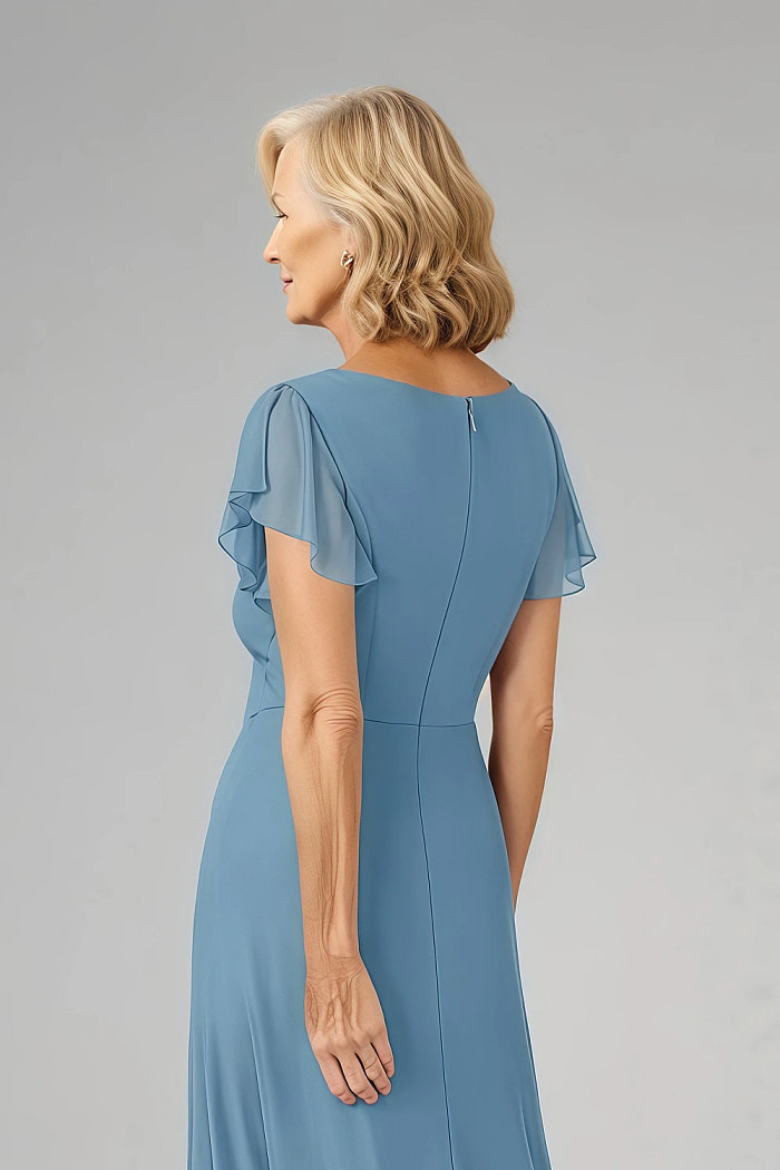 Akaks Adeline Mother Of The Bride Dresses Steel Blue A-Line V-Neck Tea Length Ruffles Cap Sleeves Pleated Chiffon Dress Image439263