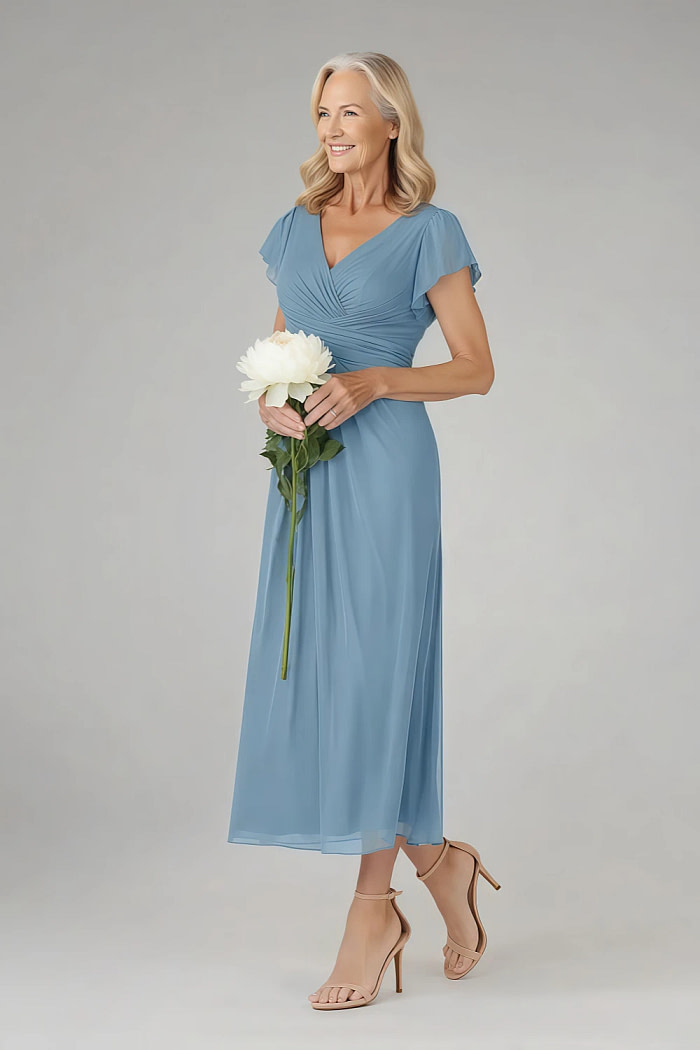 Akaks Adeline Mother Of The Bride Dresses Steel Blue A-Line V-Neck Tea Length Ruffles Cap Sleeves Pleated Chiffon Dress Image467111