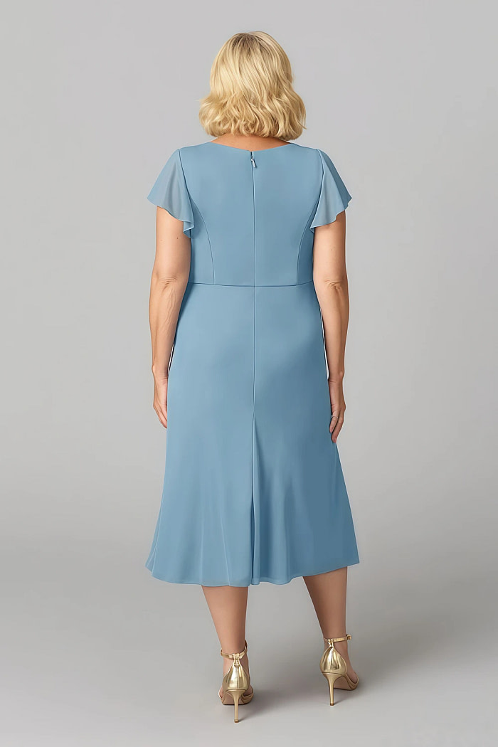 Akaks Adeline Mother Of The Bride Dresses Steel Blue A-Line V-Neck Tea Length Ruffles Cap Sleeves Pleated Chiffon Dress Image545633