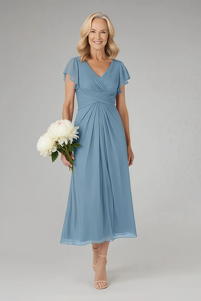 Akaks Adeline Mother Of The Bride Dresses Steel Blue A-Line V-Neck Tea Length Ruffles Cap Sleeves Pleated Chiffon Dress Image596208