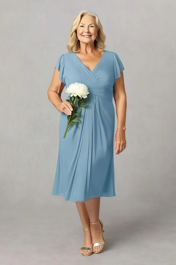 Akaks Adeline Mother Of The Bride Dresses Steel Blue A-Line V-Neck Tea Length Ruffles Cap Sleeves Pleated Chiffon Dress Image744243