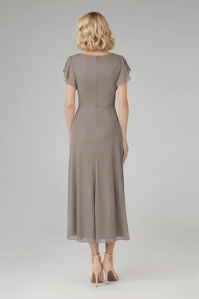 Akaks Adeline Mother Of The Bride Dresses In Taupe A-Line V-Neck Tea Length Ruffles Cap Sleeves Pleated Chiffon Dress Image363874