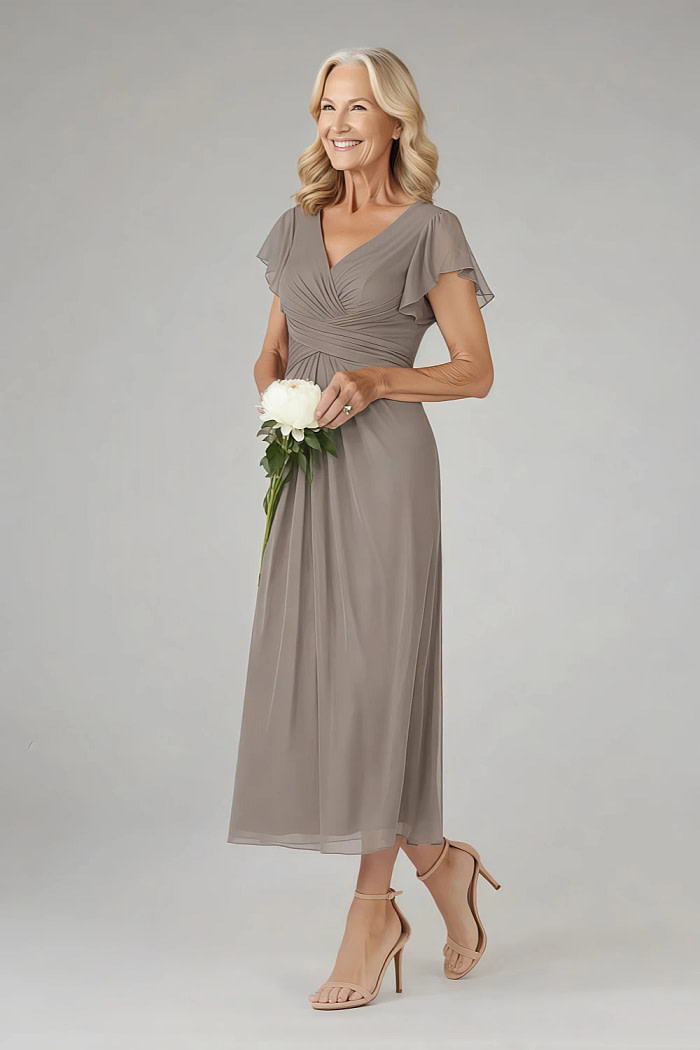 Akaks Adeline Mother Of The Bride Dresses In Taupe A-Line V-Neck Tea Length Ruffles Cap Sleeves Pleated Chiffon Dress Image387487