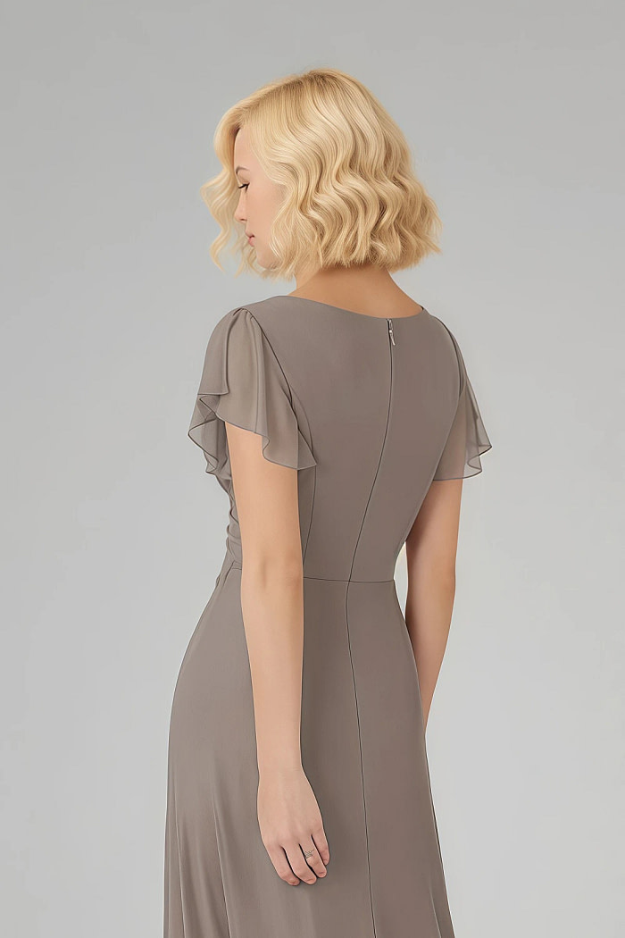 Akaks Adeline Mother Of The Bride Dresses In Taupe A-Line V-Neck Tea Length Ruffles Cap Sleeves Pleated Chiffon Dress Image391683