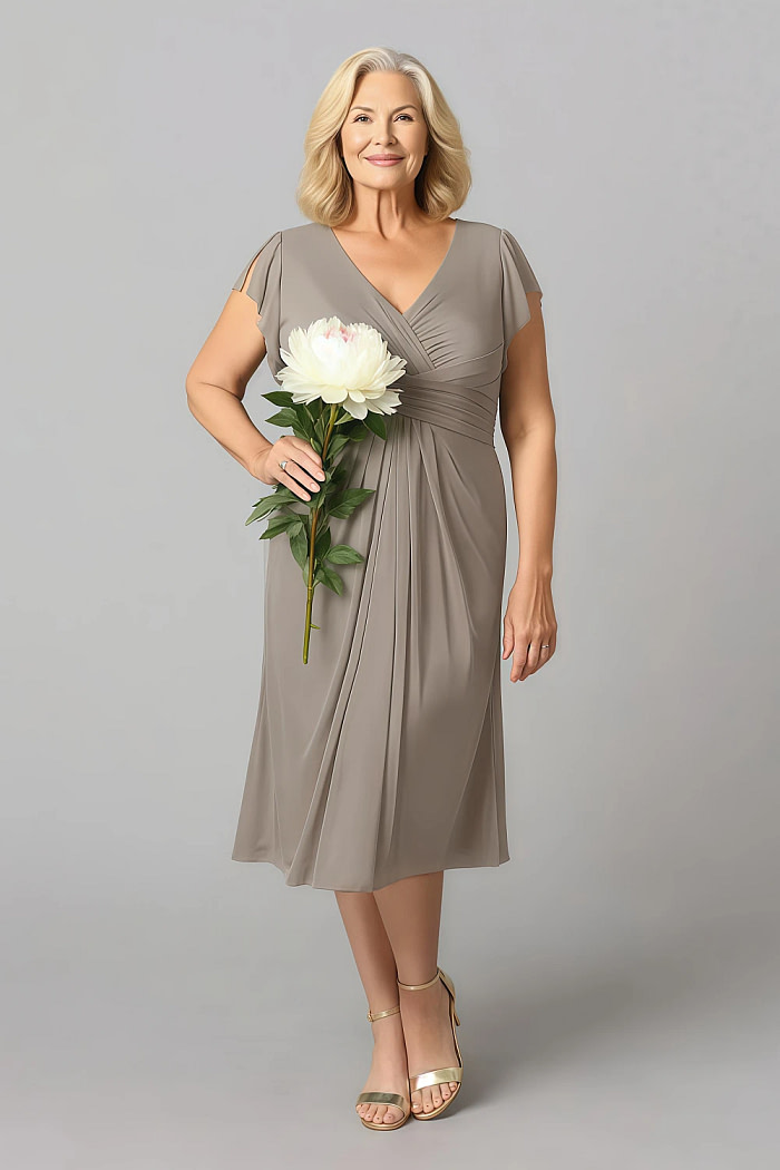 Akaks Adeline Mother Of The Bride Dresses In Taupe A-Line V-Neck Tea Length Ruffles Cap Sleeves Pleated Chiffon Dress Image468934
