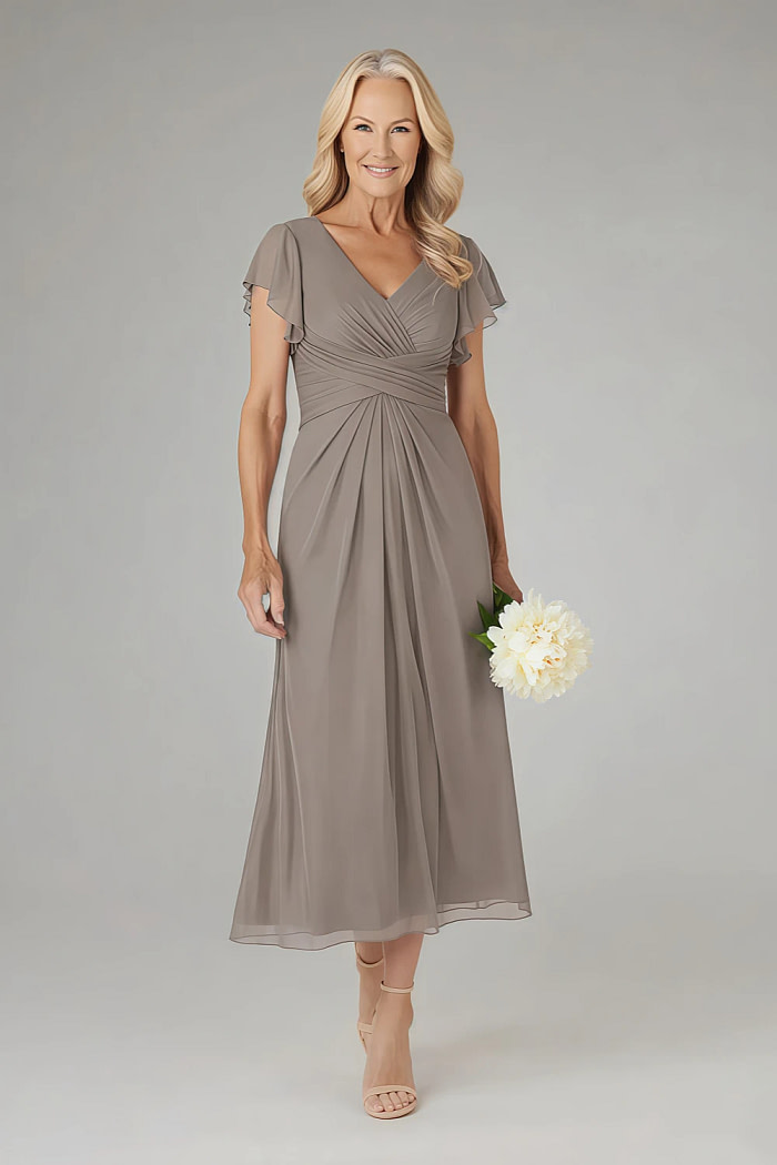 Akaks Adeline Mother Of The Bride Dresses In Taupe A-Line V-Neck Tea Length Ruffles Cap Sleeves Pleated Chiffon Dress Image718286