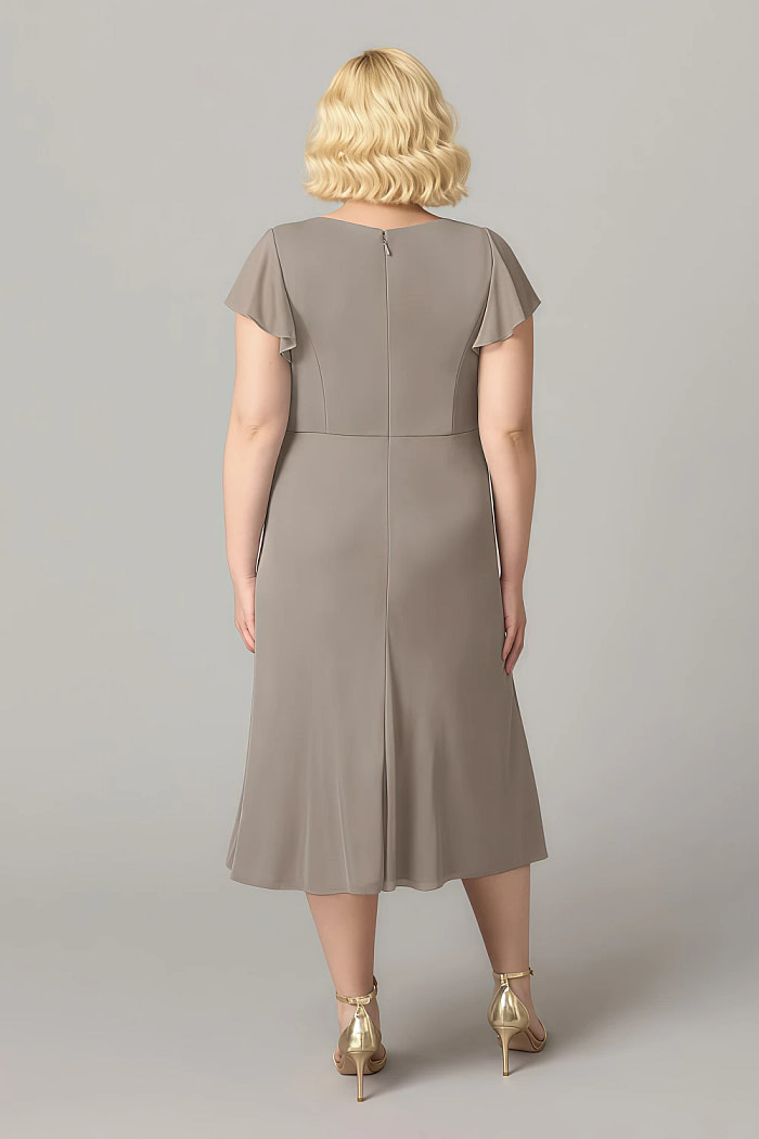 Akaks Adeline Mother Of The Bride Dresses In Taupe A-Line V-Neck Tea Length Ruffles Cap Sleeves Pleated Chiffon Dress Image887158