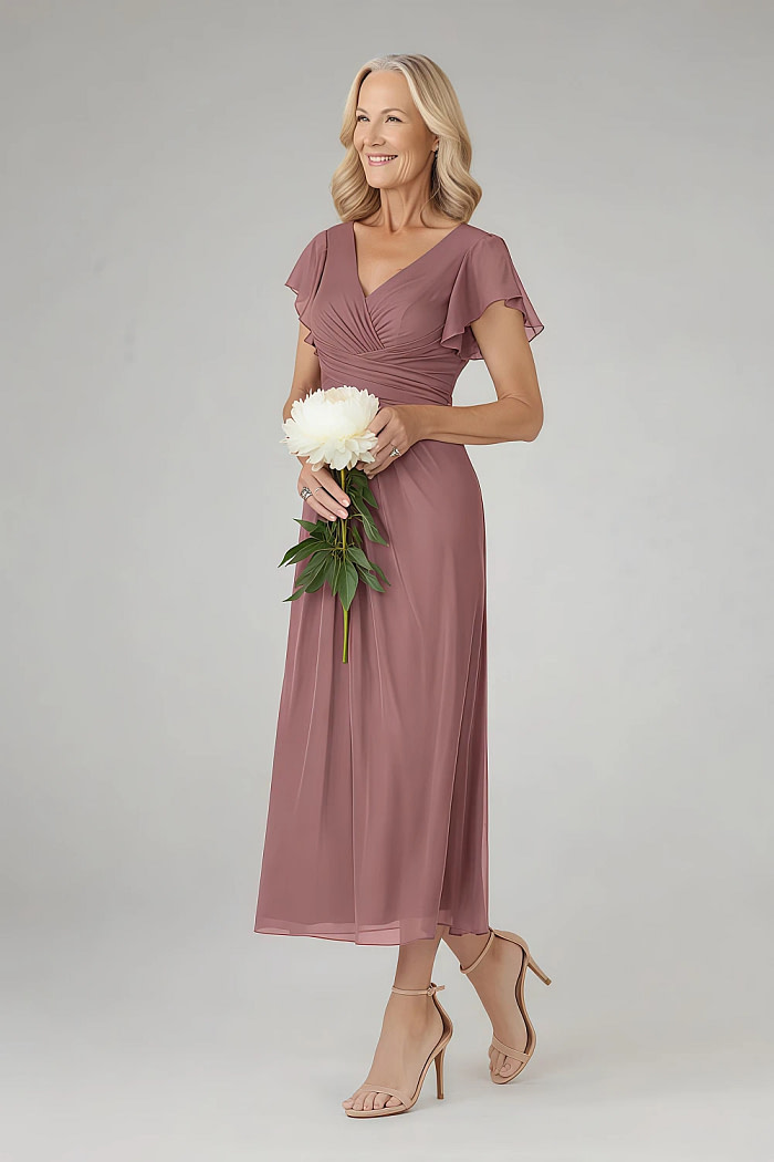 Akaks Adeline Mother Of The Bride Plus Size Dresses Desert Rose A-Line V-Neck Tea Length Ruffles Cap Sleeves Pleated Chiffon Dress Image678415