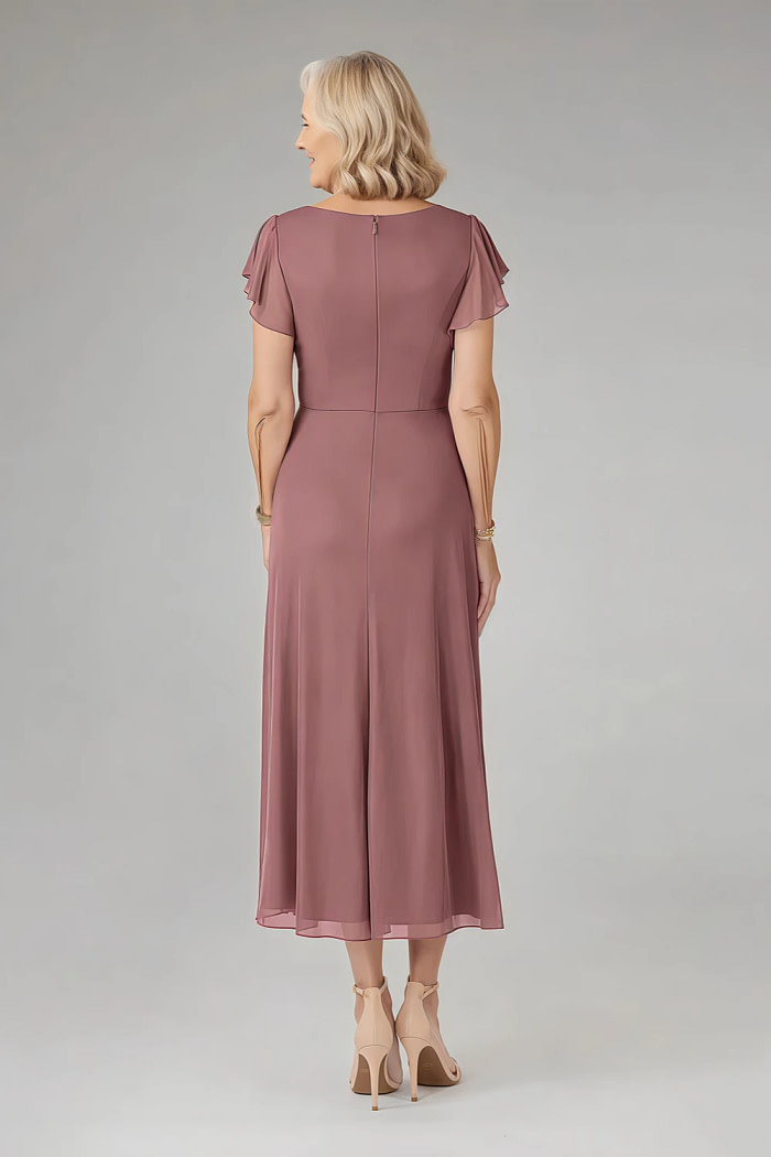 Akaks Adeline Mother Of The Bride Plus Size Dresses Desert Rose A-Line V-Neck Tea Length Ruffles Cap Sleeves Pleated Chiffon Dress Image912403
