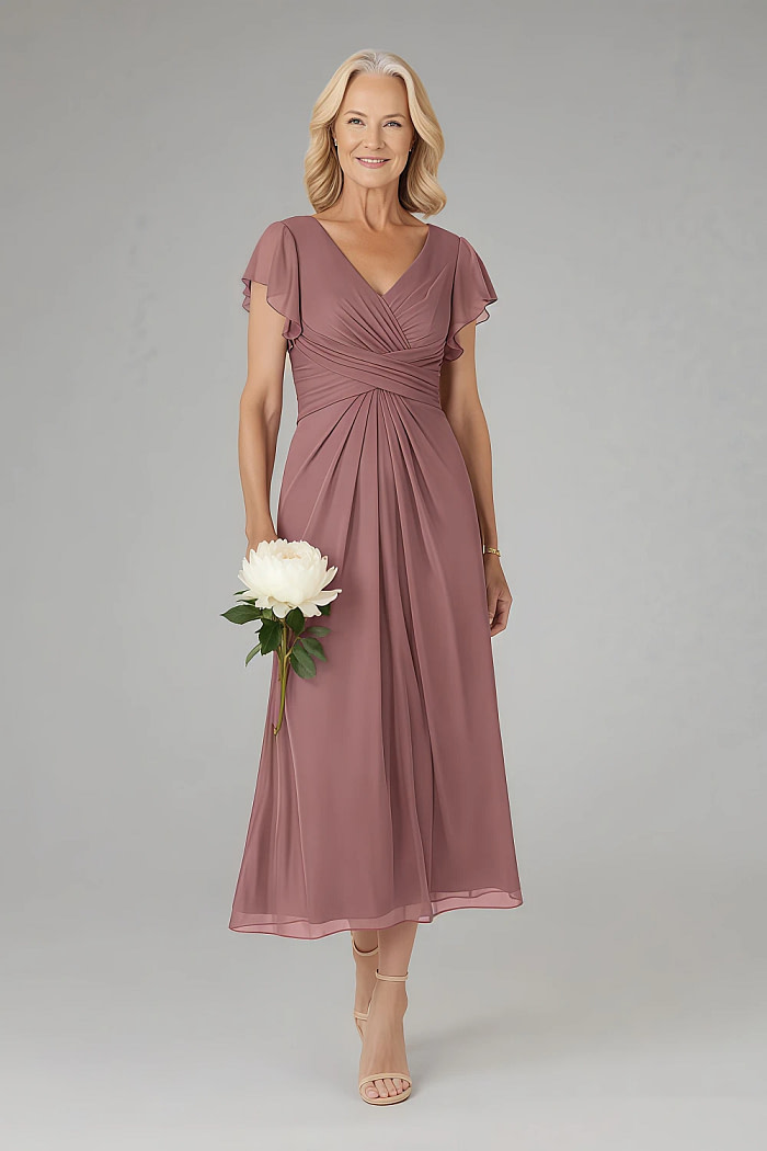 Akaks Adeline Mother Of The Bride Plus Size Dresses Desert Rose A-Line V-Neck Tea Length Ruffles Cap Sleeves Pleated Chiffon Dress Image945927