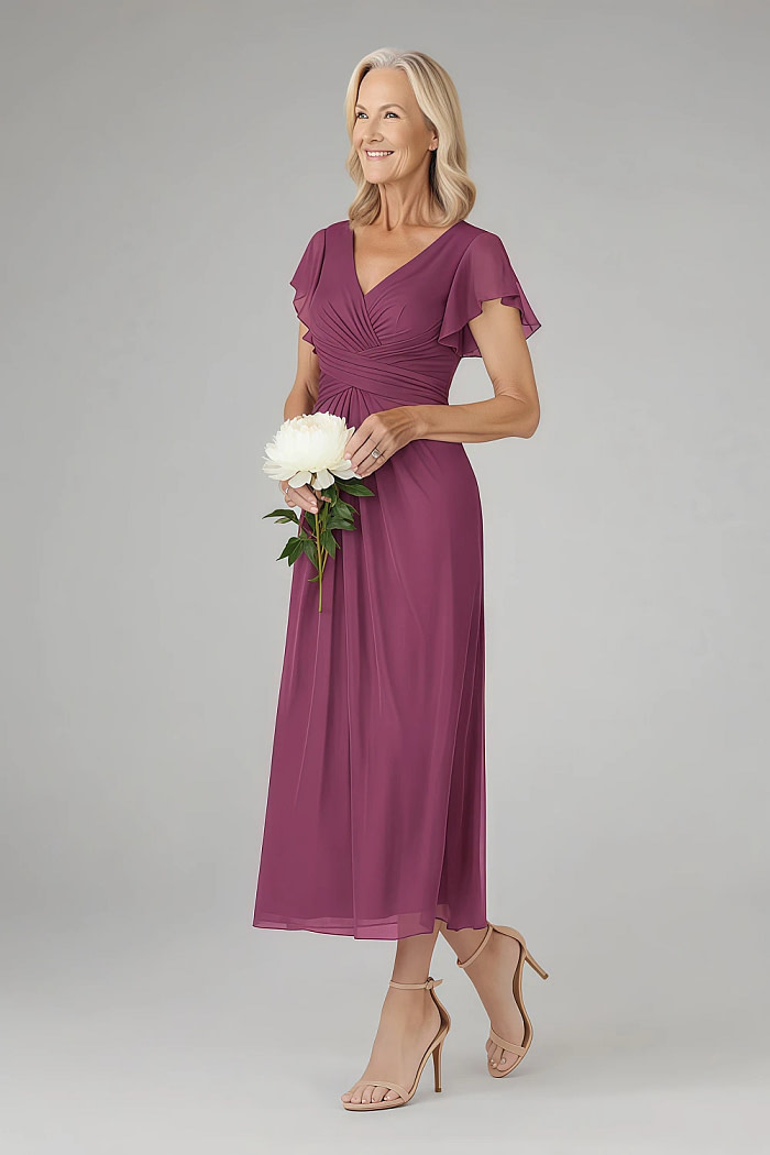Akaks Adeline Mulberry Plus Size Formal Mother Of The Bride Dresses A-Line V-Neck Tea Length Ruffles Cap Sleeves Pleated Chiffon Dress Image188052