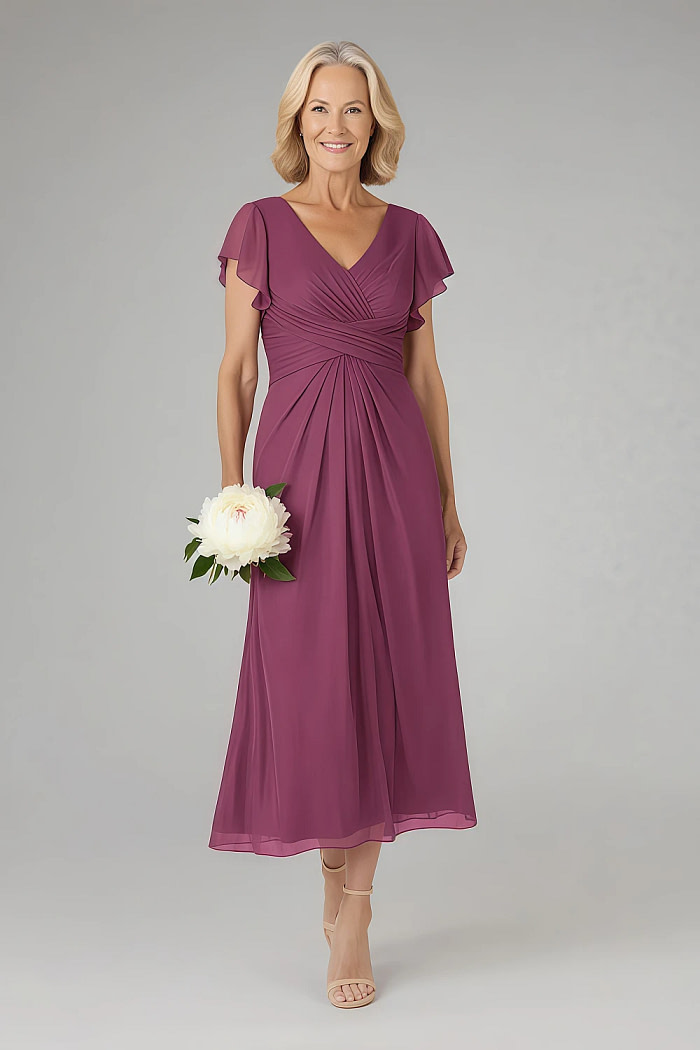 Akaks Adeline Mulberry Plus Size Formal Mother Of The Bride Dresses A-Line V-Neck Tea Length Ruffles Cap Sleeves Pleated Chiffon Dress Image202401