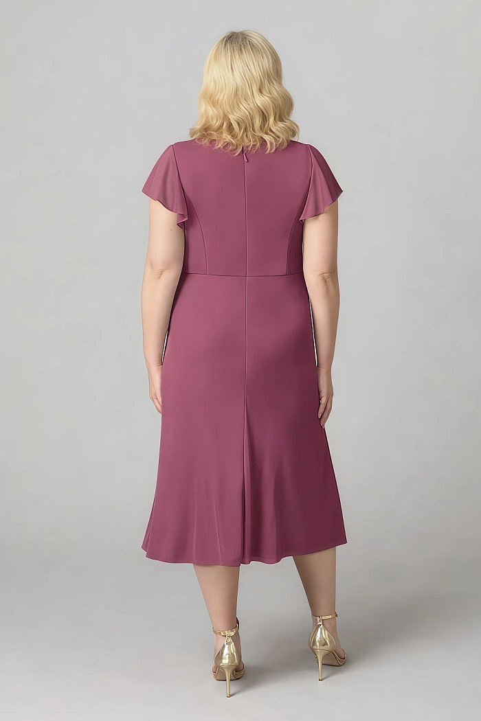 Akaks Adeline Mulberry Plus Size Formal Mother Of The Bride Dresses A-Line V-Neck Tea Length Ruffles Cap Sleeves Pleated Chiffon Dress Image669673