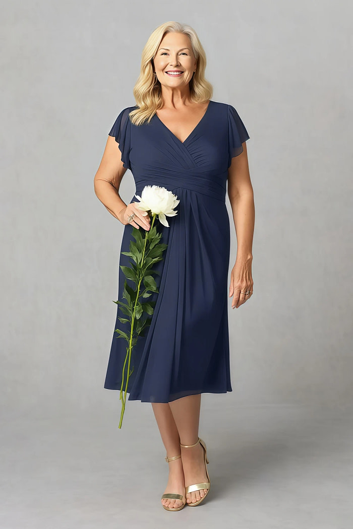 Akaks Adeline Navy Mother Of The Bride Dress A-Line V-Neck Tea Length Ruffles Cap Sleeves Pleated Chiffon Dress Image725838