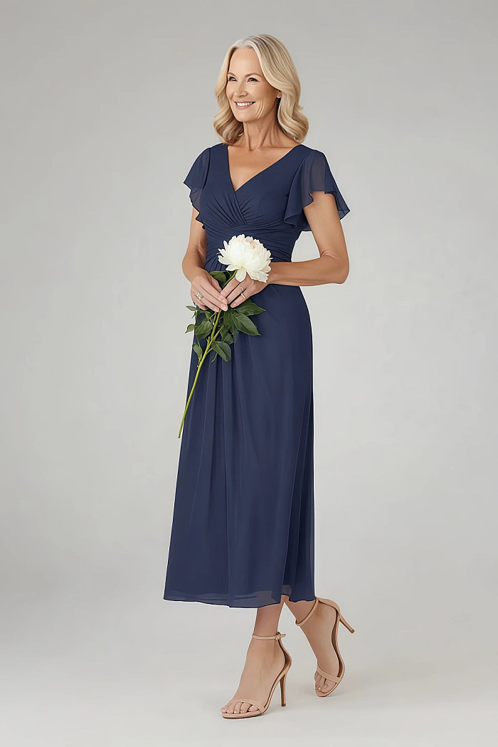Akaks Adeline Navy Mother Of The Bride Dress A-Line V-Neck Tea Length Ruffles Cap Sleeves Pleated Chiffon Dress Image758650