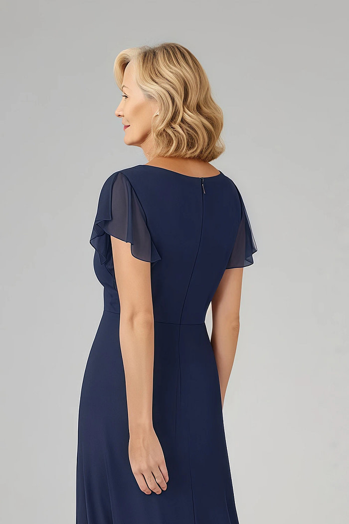 Akaks Adeline Navy Mother Of The Bride Dress A-Line V-Neck Tea Length Ruffles Cap Sleeves Pleated Chiffon Dress Image839219