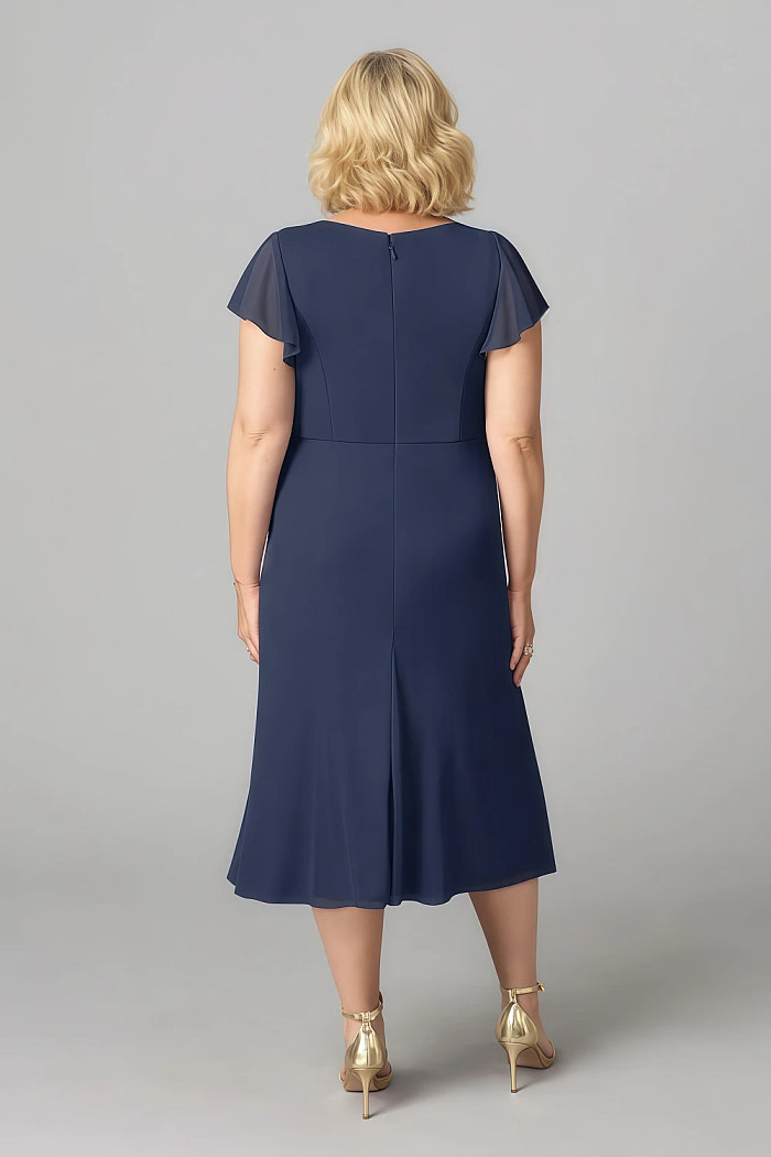 Akaks Adeline Navy Mother Of The Bride Dress A-Line V-Neck Tea Length Ruffles Cap Sleeves Pleated Chiffon Dress Image896343