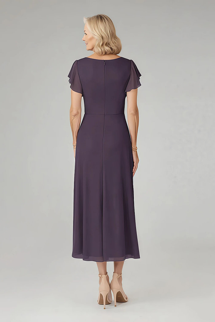 Akaks Adeline Plum Dresses For Mother Of The Bride A-Line V-Neck Tea Length Ruffles Cap Sleeves Pleated Chiffon Dress Image412813