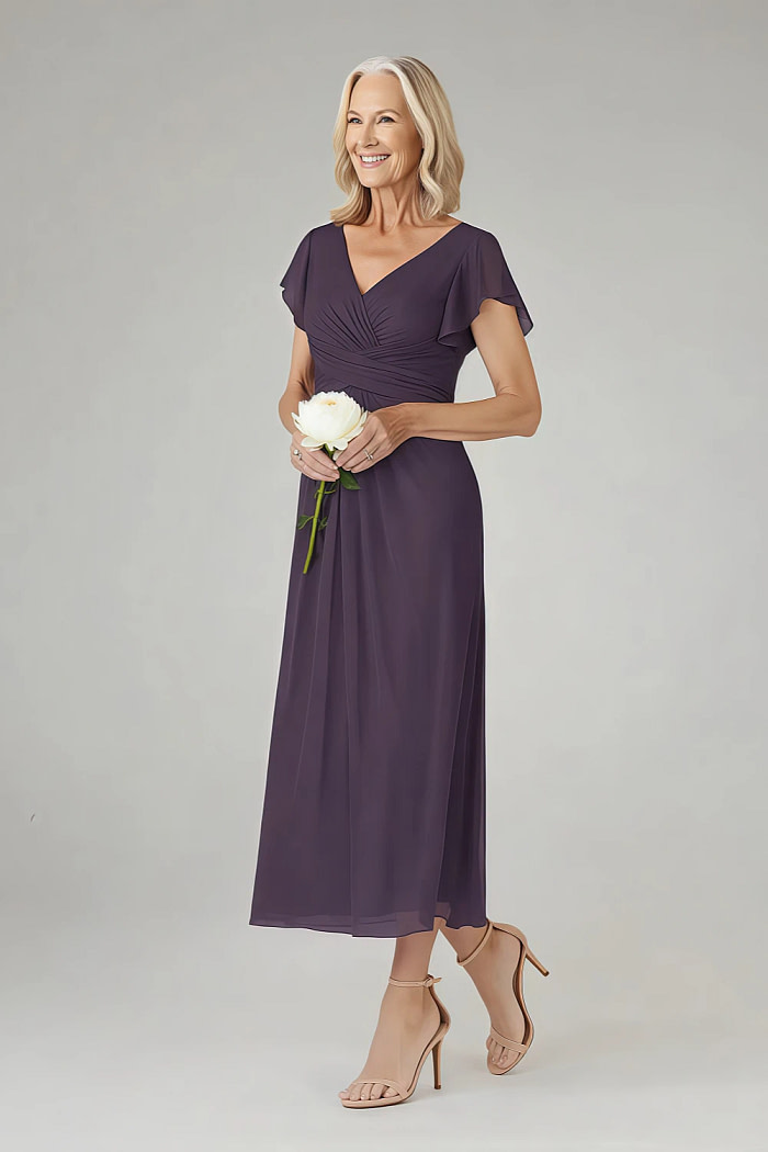 Akaks Adeline Plum Dresses For Mother Of The Bride A-Line V-Neck Tea Length Ruffles Cap Sleeves Pleated Chiffon Dress Image479622