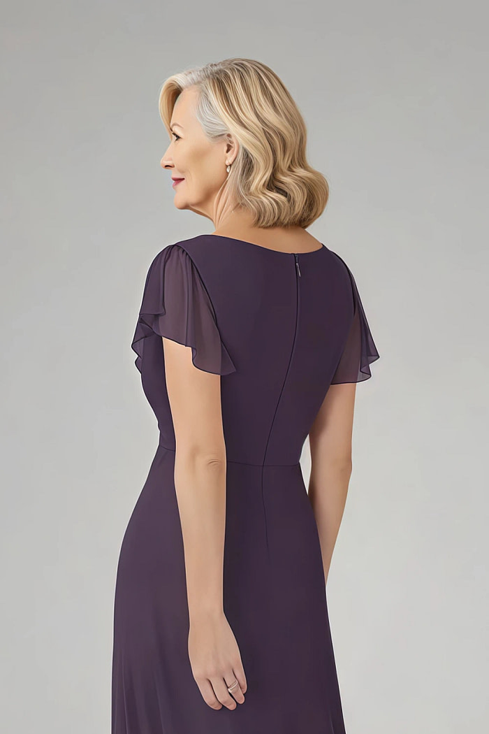 Akaks Adeline Plum Dresses For Mother Of The Bride A-Line V-Neck Tea Length Ruffles Cap Sleeves Pleated Chiffon Dress Image626709