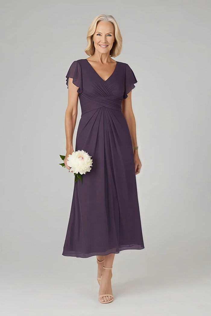 Akaks Adeline Plum Dresses For Mother Of The Bride A-Line V-Neck Tea Length Ruffles Cap Sleeves Pleated Chiffon Dress Image657821
