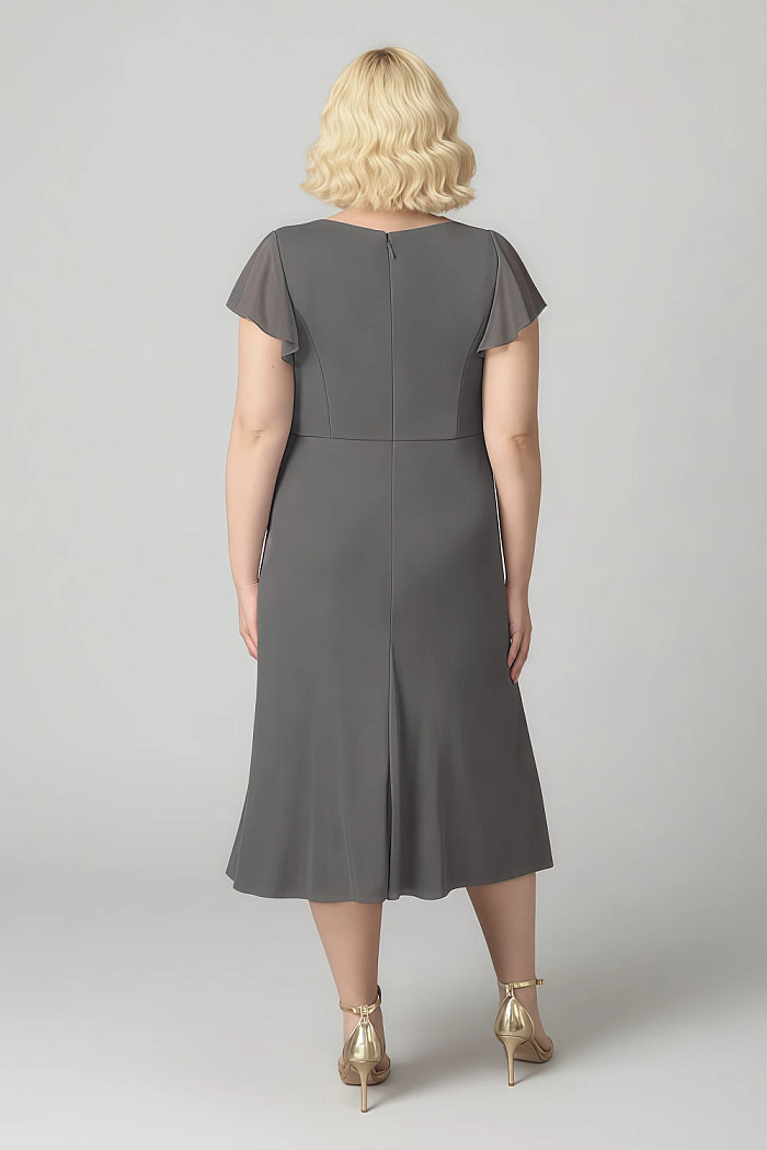 Akaks Adeline Plus Size Mother Of The Bride Dress Dark Grey A-Line V-Neck Tea Length Ruffles Cap Sleeves Pleated Chiffon Dress Image278349