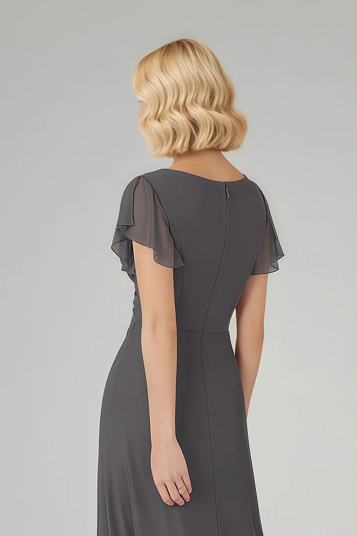 Akaks Adeline Plus Size Mother Of The Bride Dress Dark Grey A-Line V-Neck Tea Length Ruffles Cap Sleeves Pleated Chiffon Dress Image572960