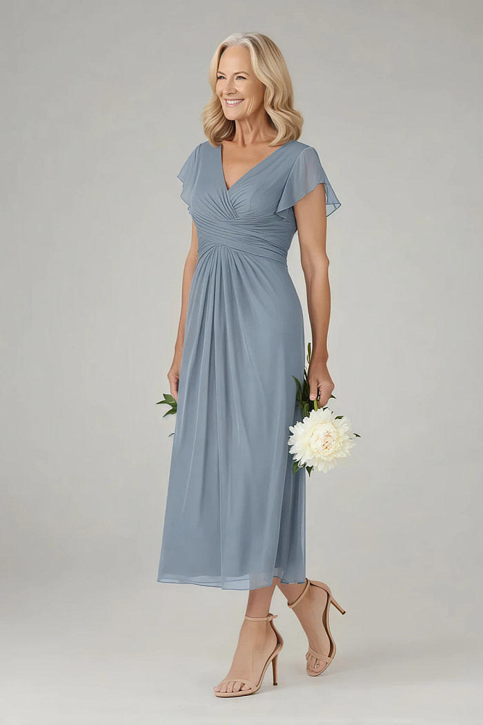Akaks Adeline Plus Size Mother Of The Bride Dresses Dusty Blue A-Line V-Neck Tea Length Ruffles Cap Sleeves Pleated Chiffon Dress Image559901