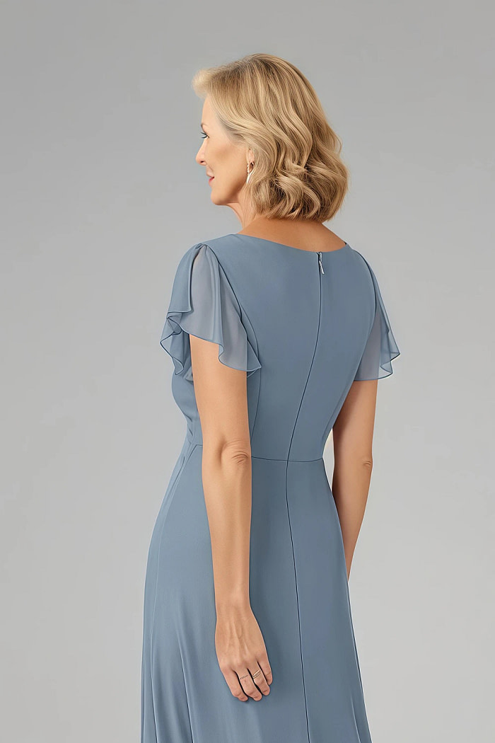 Akaks Adeline Plus Size Mother Of The Bride Dresses Dusty Blue A-Line V-Neck Tea Length Ruffles Cap Sleeves Pleated Chiffon Dress Image818158