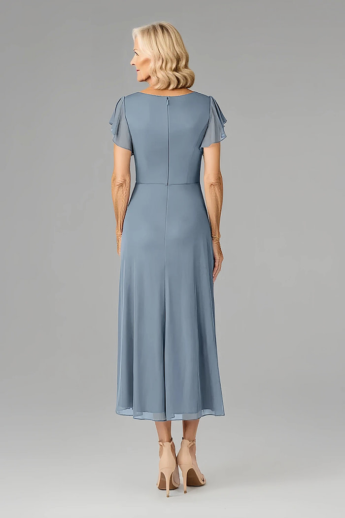 Akaks Adeline Plus Size Mother Of The Bride Dresses Dusty Blue A-Line V-Neck Tea Length Ruffles Cap Sleeves Pleated Chiffon Dress Image909585