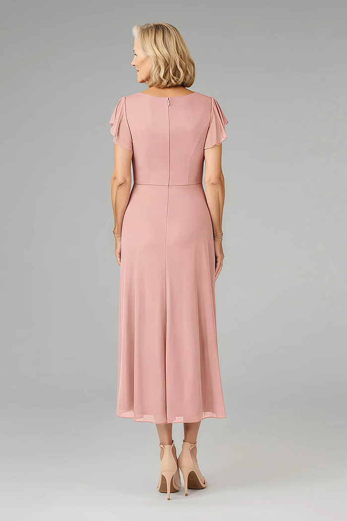 Akaks Adeline Rosette Mother Of The Bride Dress A-Line V-Neck Tea Length Ruffles Cap Sleeves Pleated Chiffon Dress Image136876