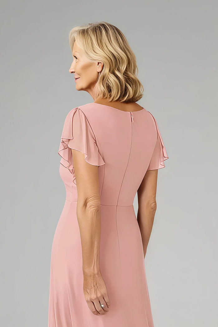 Akaks Adeline Rosette Mother Of The Bride Dress A-Line V-Neck Tea Length Ruffles Cap Sleeves Pleated Chiffon Dress Image286264